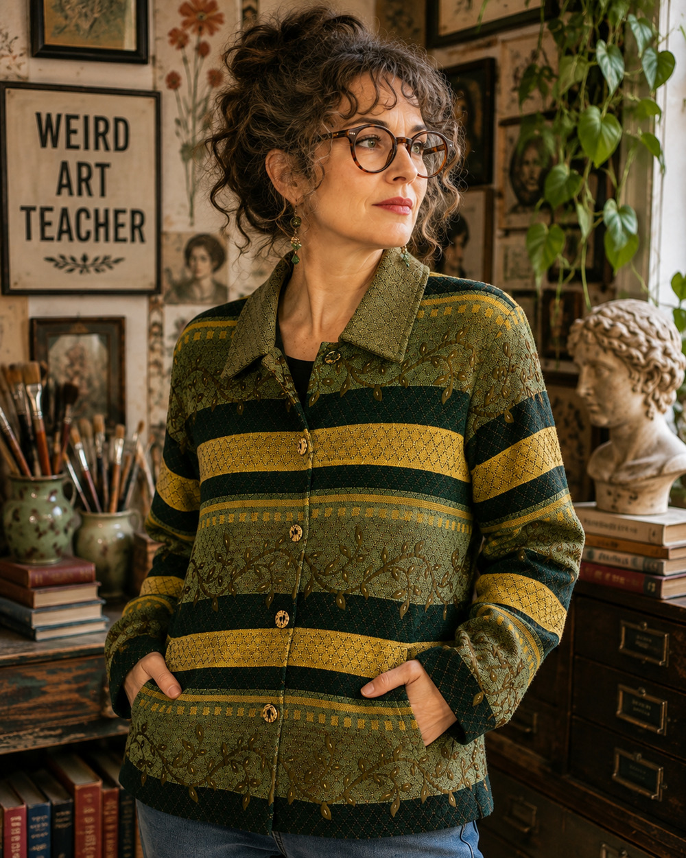 Vintage 1990s Tantrums M Green Gold Tapestry Jacket Embroidered Beaded Pockets